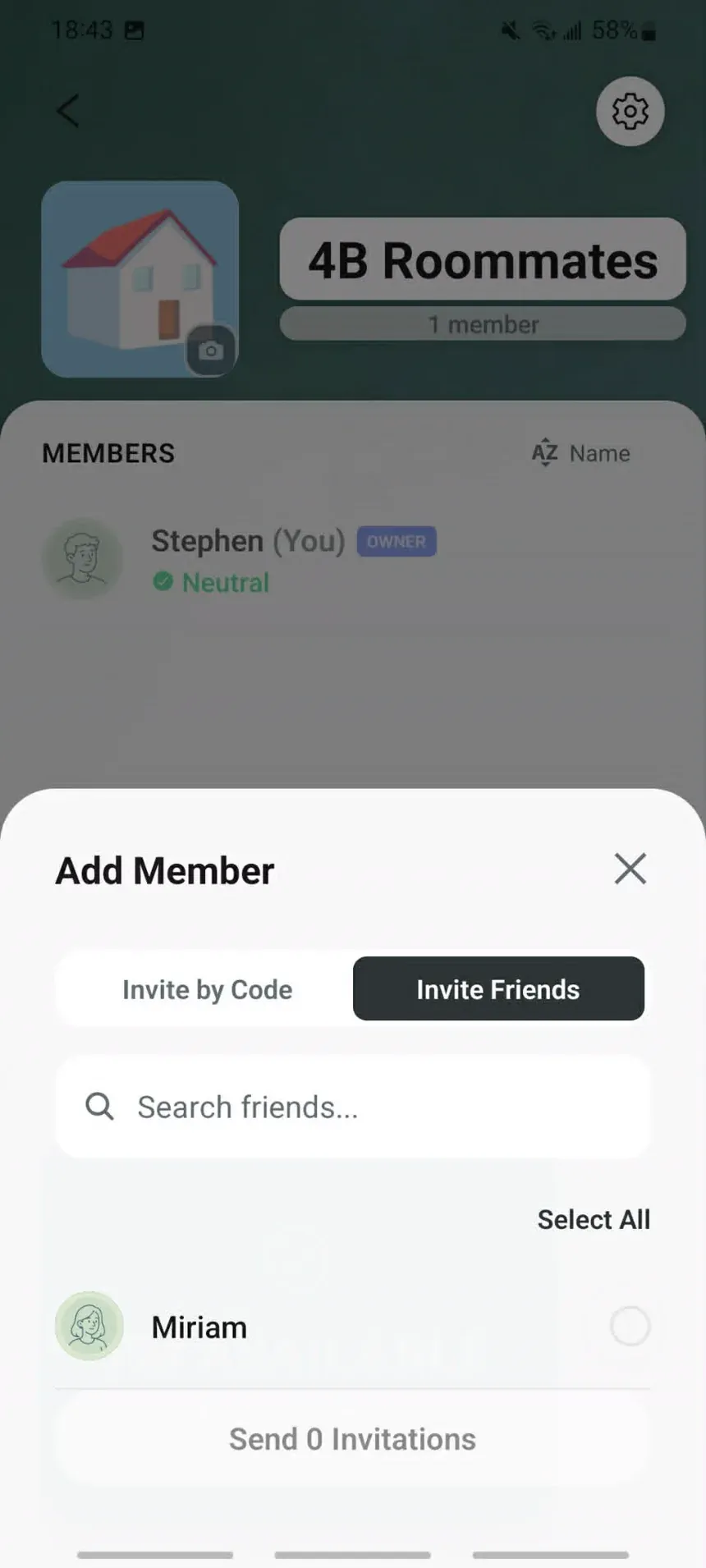 The app during "Invite your people"