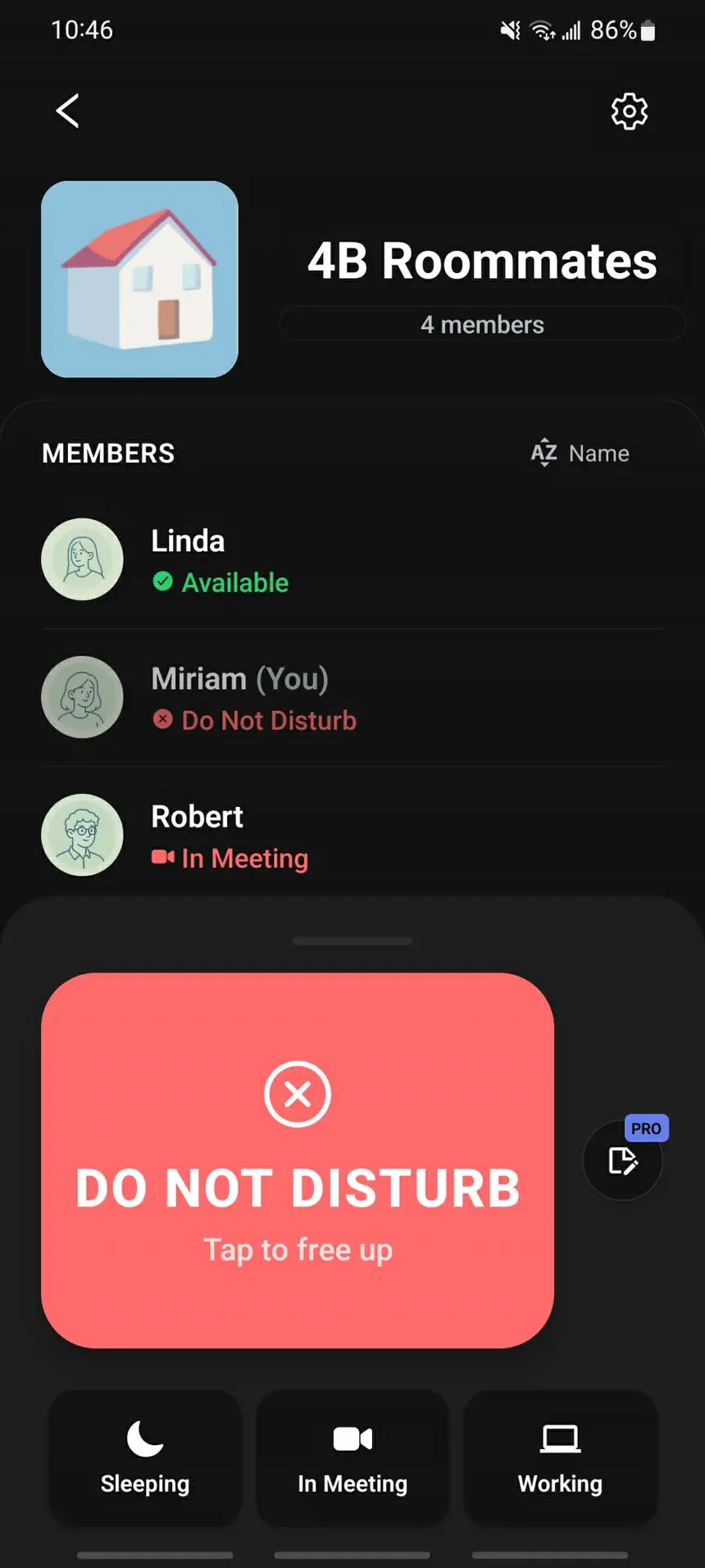 The app during "Set your status"