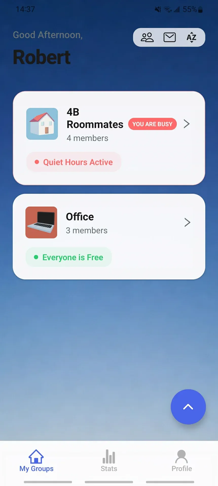 The app open on a list of groups, each showing what everyone in it is doing