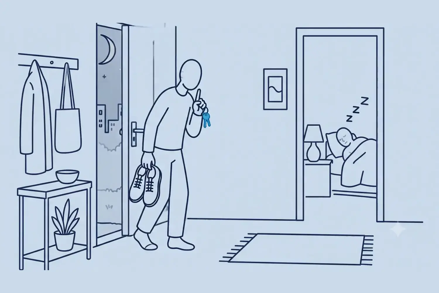 A person just inside a front door at night, holding keys and shoes