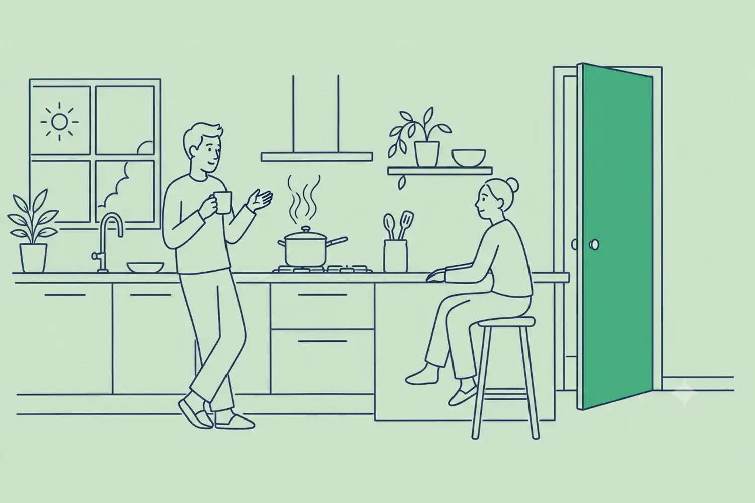 Two people talking in a bright kitchen with the door open