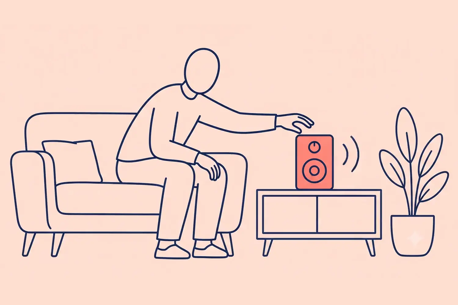 A person pausing with a hand over the volume dial of a speaker
