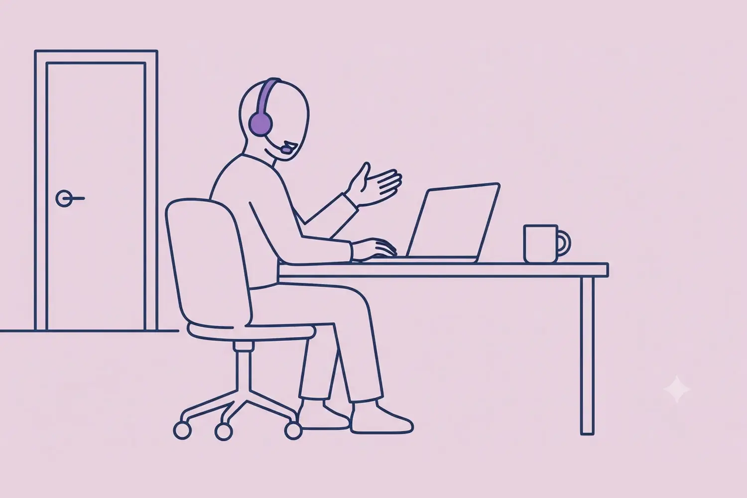 A person at a desk wearing a headset, mid-sentence on a call